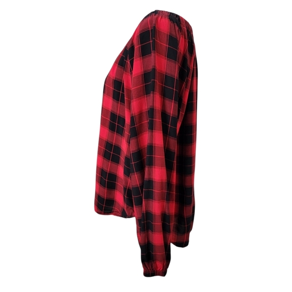 Loft Size L Red & Black Plaid Popover Top, Long Sleeve, Gently Used Condition - Picture 3 of 13